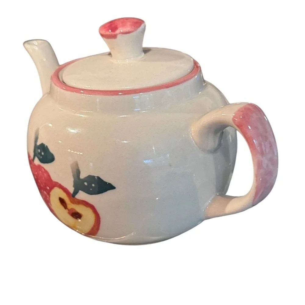 Hand Painted Ceramic Apple Teapot Cream with Pink Trim Cottagecore